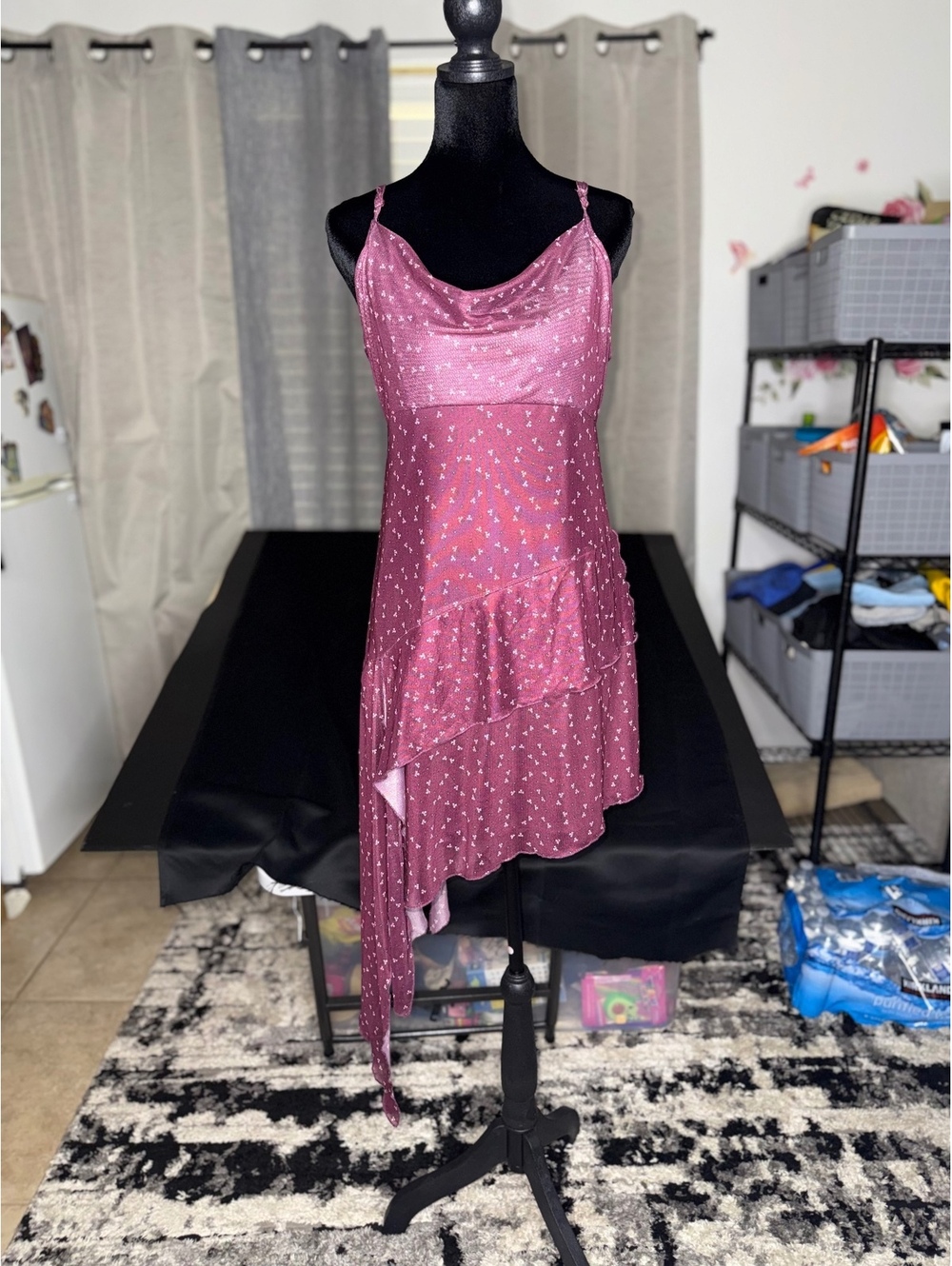 SELF E Asymmetrical Ruffle Hem Dress in Plum with White Dots